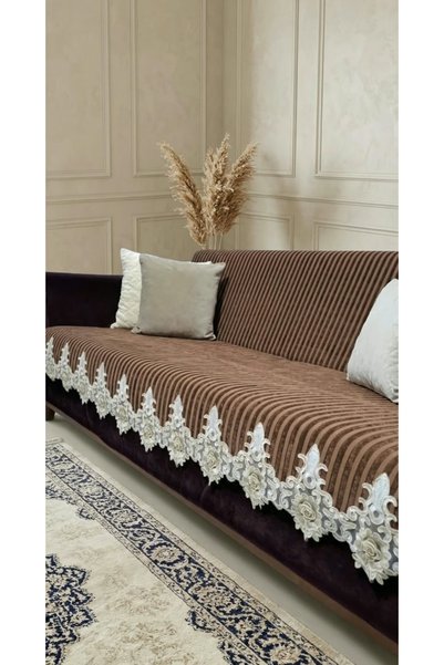 DECORA CASA HOME COLLECTİON Κάλυμμα καναπέ με ρίγες, βελούδο και δαντέλα, σετ...