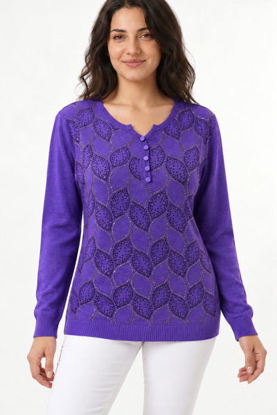 EtkiModa Women's Collar Button Detailed Stone Printed Long Sleeve Glittery Kn...
