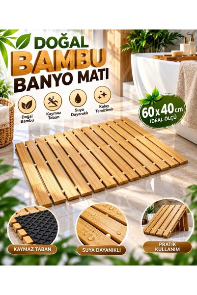 LOVYCO 100% Natural Bamboo Bath Mat, 60x40 cm - Non-Slip Sole, Water-Resistan...
