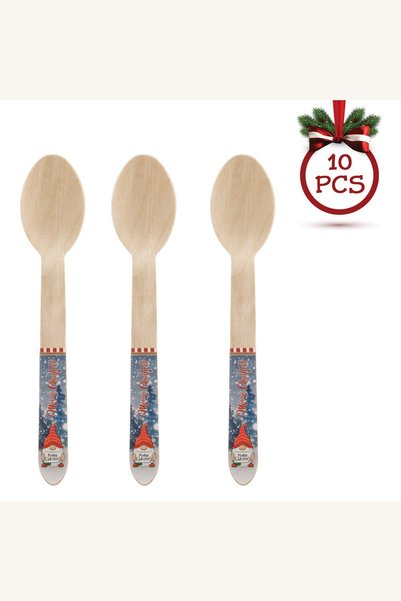 Comerivo Set 10 lingurițe din lemn de Crăciun, cu gnome și mesajul Merry Chri...