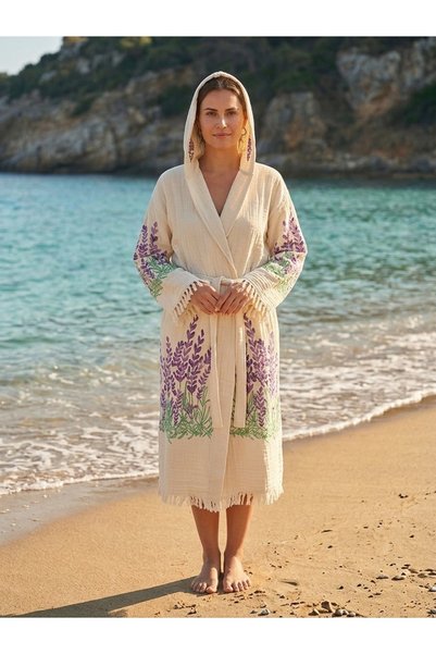 ŞENER HOME Women's Muslin Cotton Hooded Printed Absorbent Bath, Pool, and Bea...