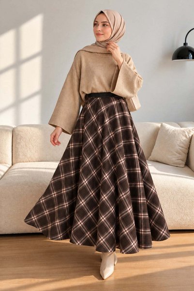 unika boutique Kadın Yüksek Ekose Desenli Kloş Maxi Etek