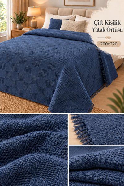 LADYNİL غطاء سرير مزدوج بنقشة مربعات 200x220 سم | مزود بشراشيب، منسوج بكثافة،...