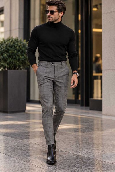 FASHION Pantaloni JJ Eleganți de Bărbați Slim Fit cu Carouri Prince of Wales,...
