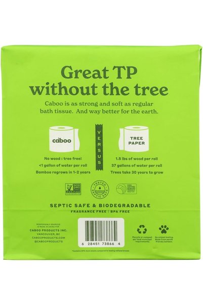 CABOO Tree Free Bamboo Toilet Paper, Plastic Free, Eco Friendly Chemical Septic Safe Biodegradable Bath Tissue, Quick Dissolving 2 Ply Sheets, 300 Sheets Per Roll, 4 Double Rolls