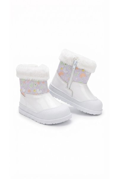 PATİK BEBE GIRLS' WHITE FUR-TRIMMED, WATERPROOF, NON-SLIP SOLE BOOTS