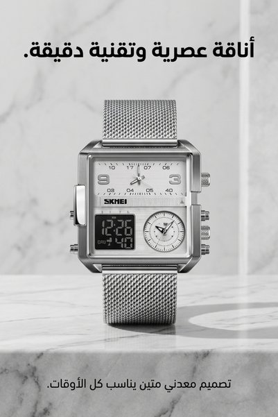 Generic Brand Men’s Square Analog Digital Watch, Silver Mesh Stainless Steel ...