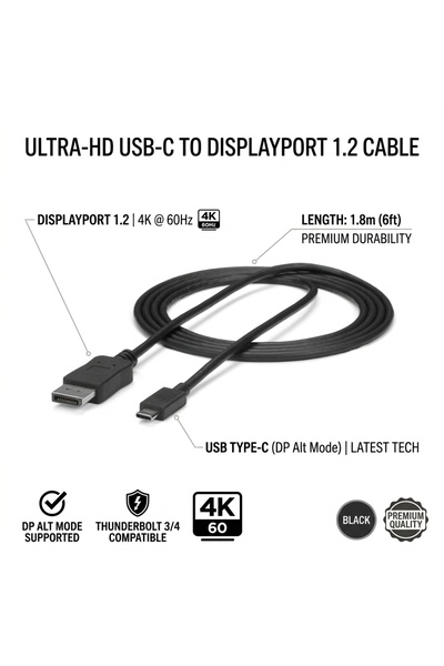 HYVESTO Cablu USB-C la DisplayPort 1.2 (1.8m) 4K 60Hz - Cablu Adaptor USB Typ...