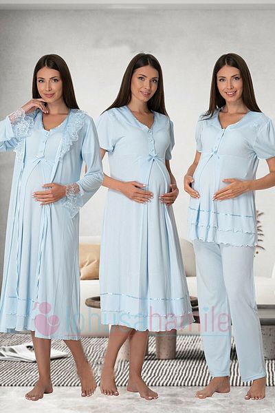 effort Set de 4 pijamale de maternitate pentru femei, cu talie albastră, cu rochie de dantelă