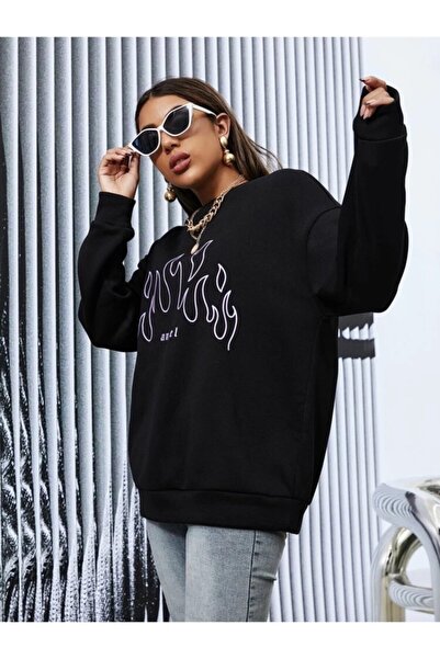 LAPS Women's Angel Printed Black Oversize Sweatshirt