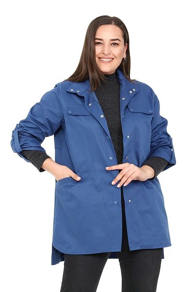 DISENTIS MODEST Plus Size Indigo Trench Coat with Side Slits, Folded Sleeves and Pockets and Snap Detail