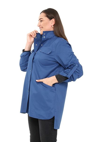 DISENTIS MODEST Plus Size Indigo Trench Coat with Side Slits, Folded Sleeves and Pockets and Snap Detail