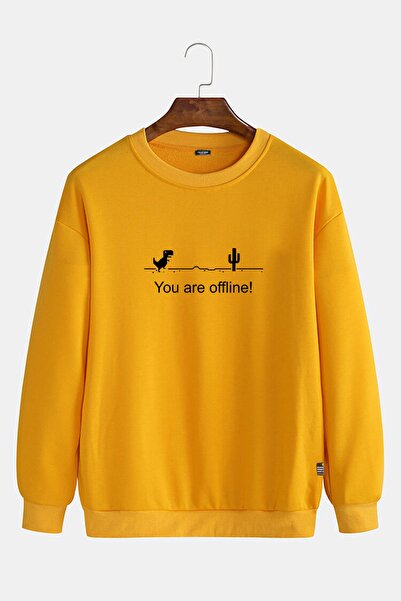 Genel Markalar Ünisex Sarı Ejderha Baskılı Bisiklet Yaka Slim Fit Sweatshirt