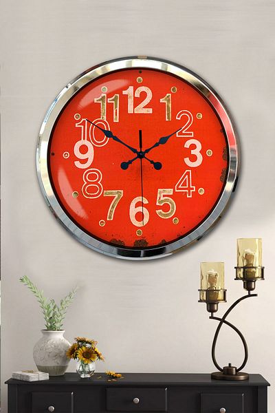 Kasva Concept Gift Decorative 52 cm Chrome Metal Red Dial Wall Clock
