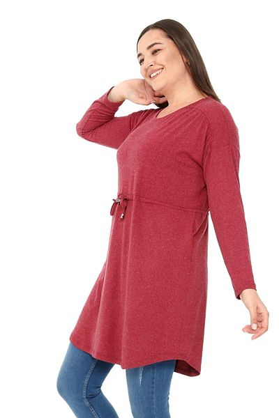 DISENTIS MODEST Plus Size Round Neck Detailed Pocket Waist Drawstring Wool Viscose Burgundy Tunic Dress