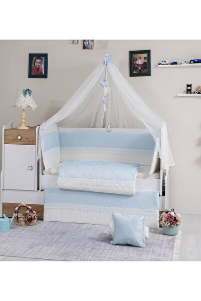 Mini Baby Doddobebek Nervür Mavi Bebek Uyku Seti 10 Parça Cibinlik Ve Aparatı...