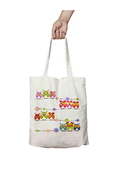 ART HEDİYE Row Owls Two Sides Permanent Printed Washable Cloth Bag Shoulder Bag