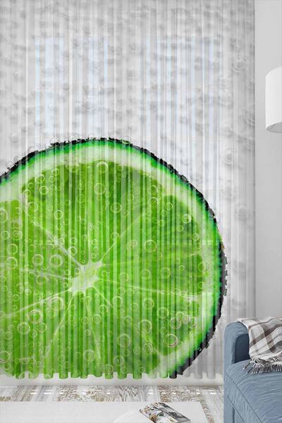 Else Halı Else Sarı Yeşil Meyveler Desenli Dekoratif Modern Mutfak Tül Fon Perde