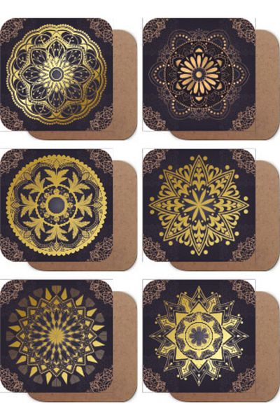 Hayat Poster Golden Yellow Printed Mandala Set of 6 Wooden Coasters on Black