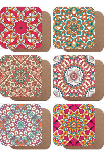 Hayat Poster Kilim Motif Mandala Set of 6 Wooden Coasters