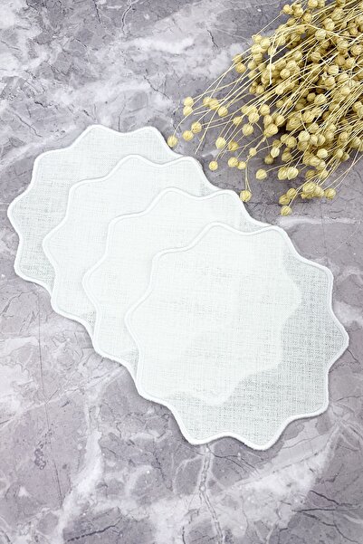 WEARE2 Șervețele de cocktail, albe, ovale, brodate cu flori, pachet de 4