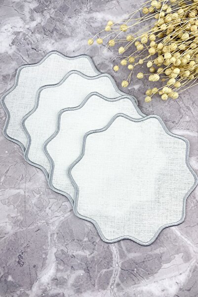 WEARE2 Gümüş Gri Renkli Oval Çiçek Nakışlı 4'lü Kokteyl Peçetesi