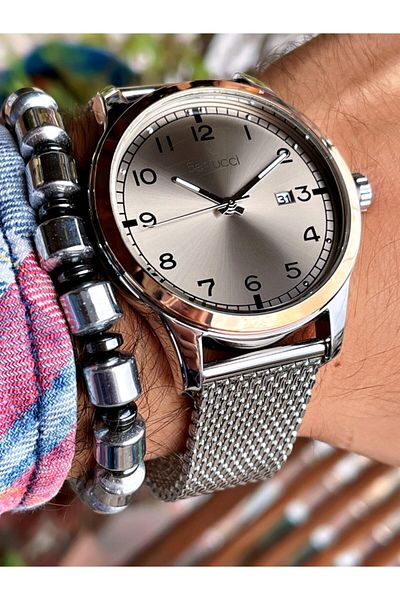 Ferrucci Silver Color Bronze Dial Classic Men's Wristwatch + Hematite Natural Stone Bracelet Gift