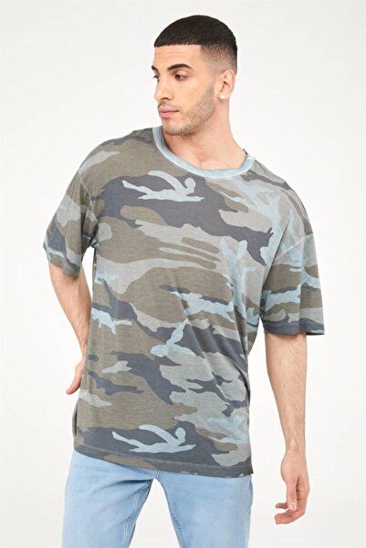 Seamoda Камуфляжний візерунок, маслостійкий, оверсайз, довгий, чоловічий футболка - світло-синій