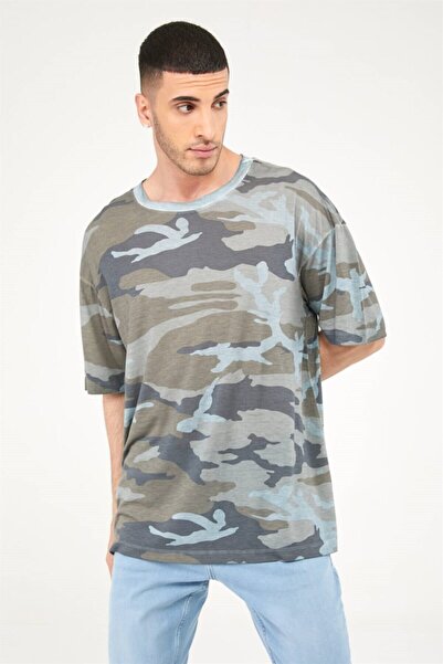 Seamoda Камуфляжний візерунок, маслостійкий, оверсайз, довгий, чоловічий футболка - світло-синій