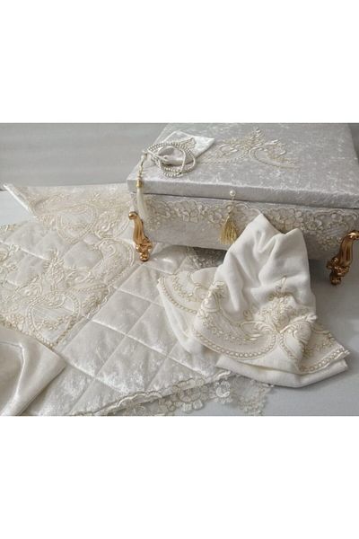 Lady Rio Prayer Rug Bundle Set with Storage, French Lace and Velvet Fabric. Ecru Fabric Gold Lace