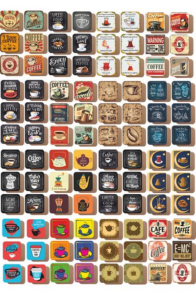 Hayat Poster Tea Coffee Themed 84 Piece Wooden Coasters Set