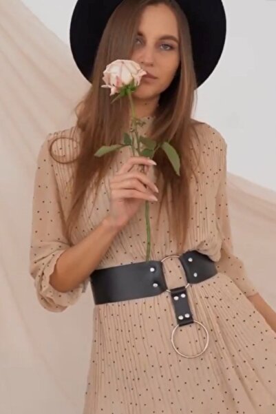 Sweet Demon Women's Big Ring Detailed Leather Corset Belt Black