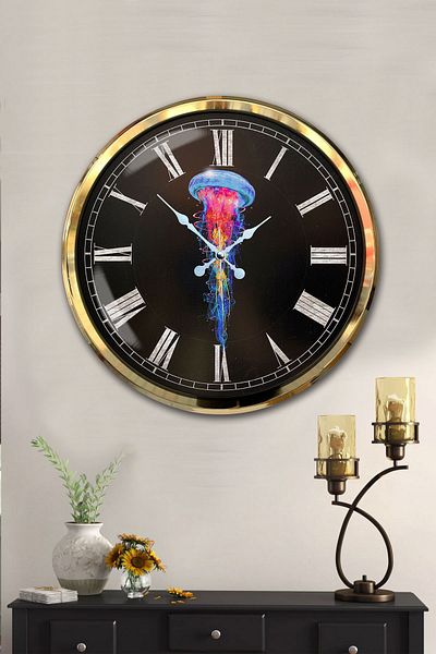 Kasva Concept Gift Decorative 52 cm Gold Metal Jellyfish Wall Clock