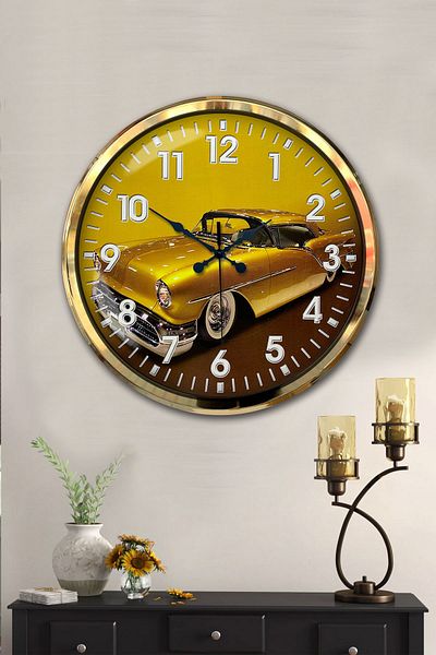 Kasva Concept Gift Decorative 52 cm Gold Metal Car Gallery Wall Clock
