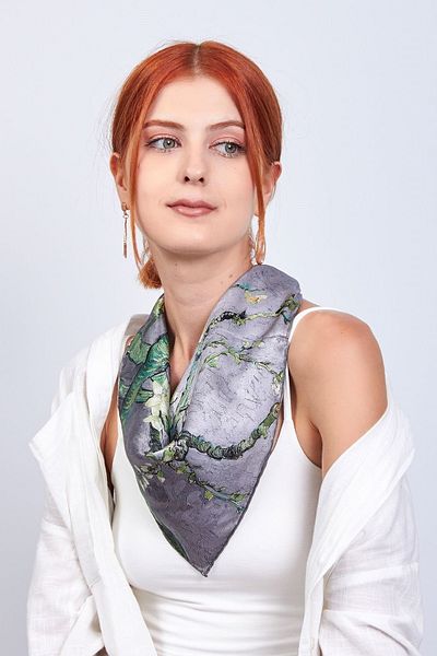 Nomads Felt 100% Silk Square Gray Scarf Van Gogh Almond Tree