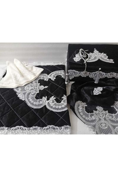 Lady Rio Prayer Rug Bundle Set with Storage, French Lace and Velvet Fabric. Black Fabric Ecru Silver Lace