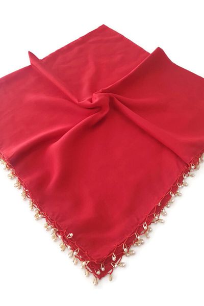 BENLİ Pearl Beaded Gold Hand Embroidered Scarf Writing 100x100cm