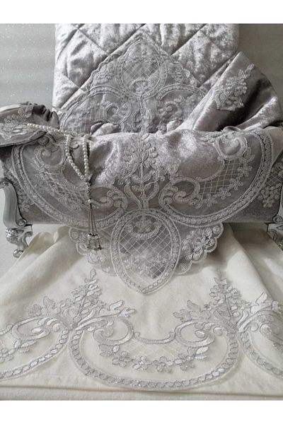 Lady Rio Prayer Rug Bundle Set with Storage, French Lace and Velvet Fabric. Gray Fabric, Silver Ecru Lace