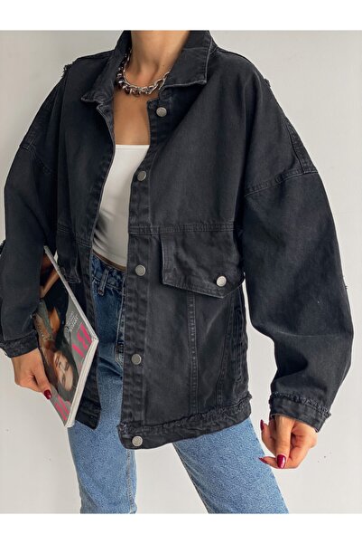 efstyle oversized Μαύρο τζιν μπουφάν - Λεπτομέρεια ραφής με μπαλώματα