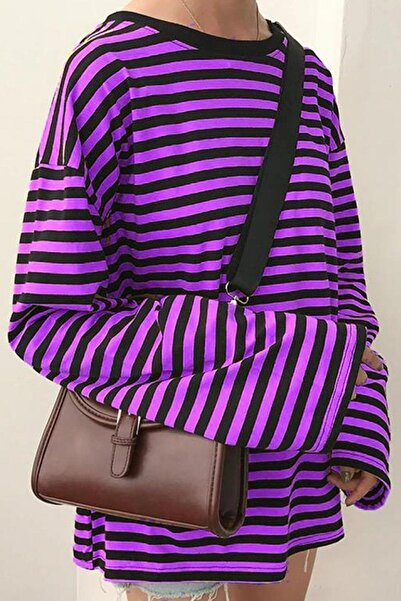 Köstebek Tricou cu mânecă lungă, cu dungi mov-negru, oversize (unisex).