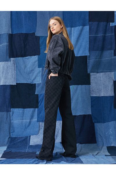 Koton High Waist Wide Leg Checkered Jeans