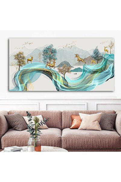 Sebenta Dev Boyut Turkuaz Desenli Altın Geyik Tasarım Kanvas Tablo 60cm X 120cm