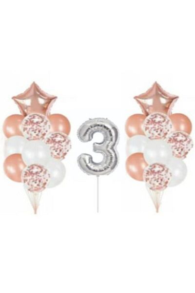 Deniz Party Store Silver 3 Year Old Rose Gold Confetti Transparent Balloon Set