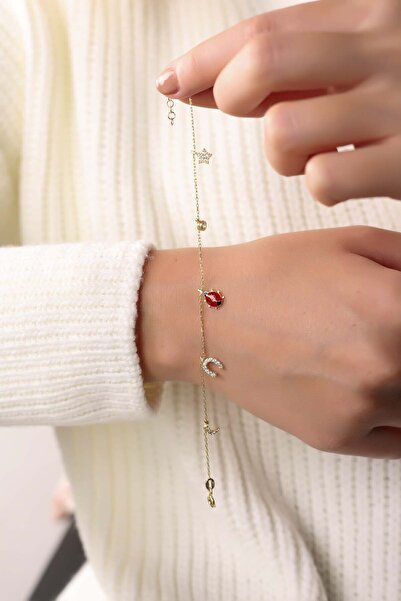 Lia Berto Altın Kaplama Mineli Uğur Böcekli Şans Model 925 Ayar Gümüş Bileklik