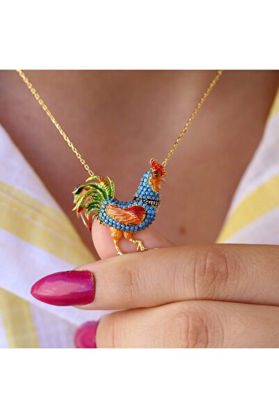 Takı Boom Kadın Altın Turkuaz Taşlı Mineli Rengarenk Horoz  925 Ayar Gümüş Kolye