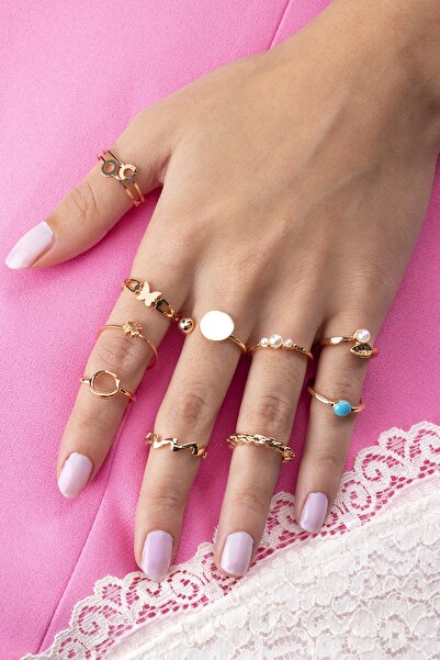 Sortie Aksesuar Inci Ve Mavi Taş Detaylı Kelebek Ve Yonca Figürlü 10'lu Yüzük...