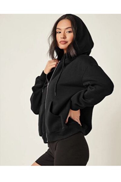 AFROGİYİM Women's Black Zipper Cardigan