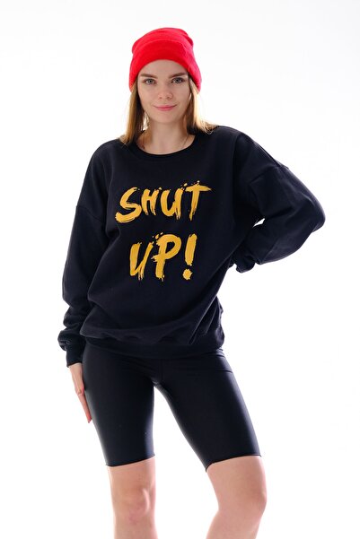 LAPS Women's Black Shut Up Printed Oversize Sweatshirt