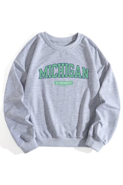 LAPS سويت شيرت نسائي مقاس كبير مطبوع باللون الرمادي والأخضر من ميشيغان