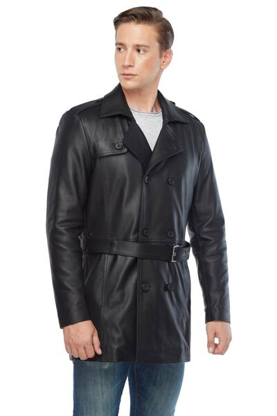 Genel Markalar Hakiki Deri Siyah Erkek Trençkot